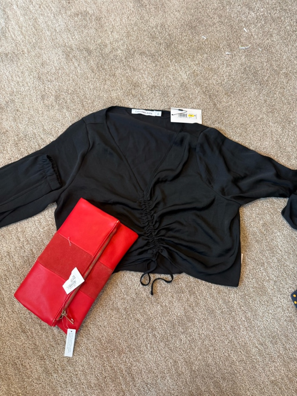 Calvin Klein Black Long-Sleeve Ruched Front V-Neck Top